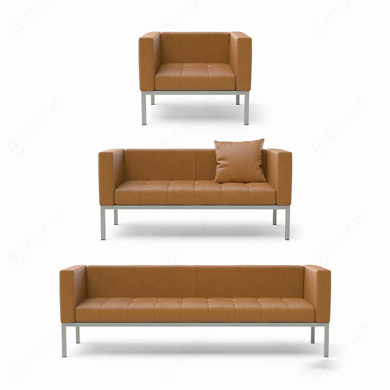 复古简约多人休闲皮质沙发多种组合棕色C4D模型