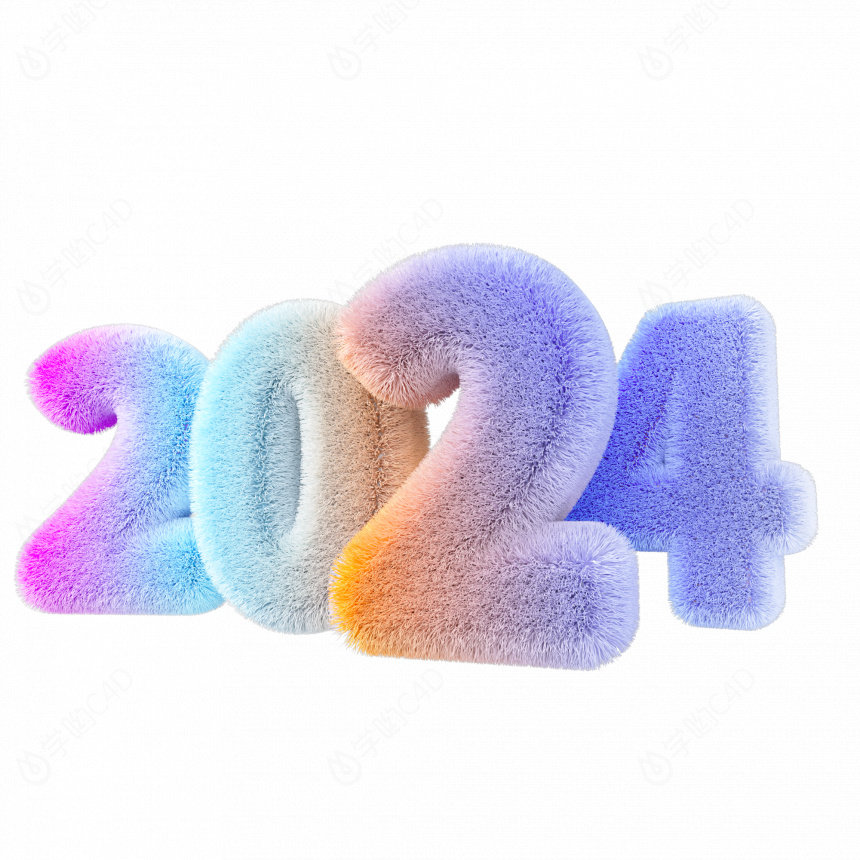3D立体2024新年跨年龙年创意艺术字标题毛绒渐变2024C4D模型