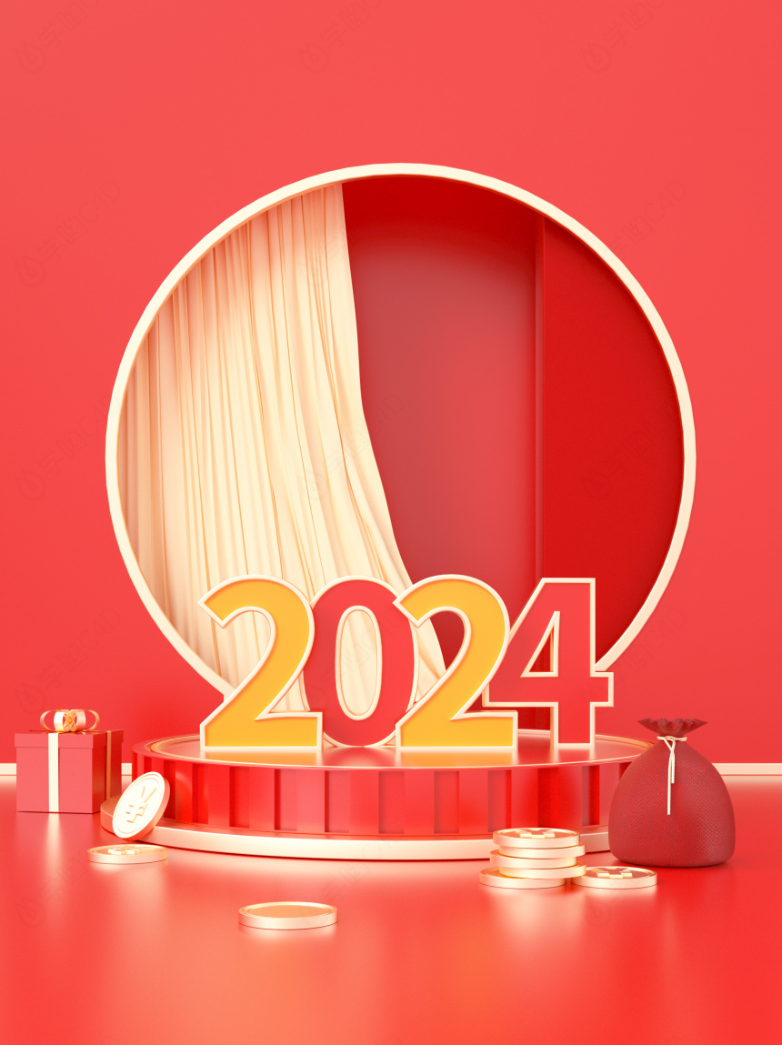 2024新年龙年竖版海报背景红色金币礼物系C4D模型