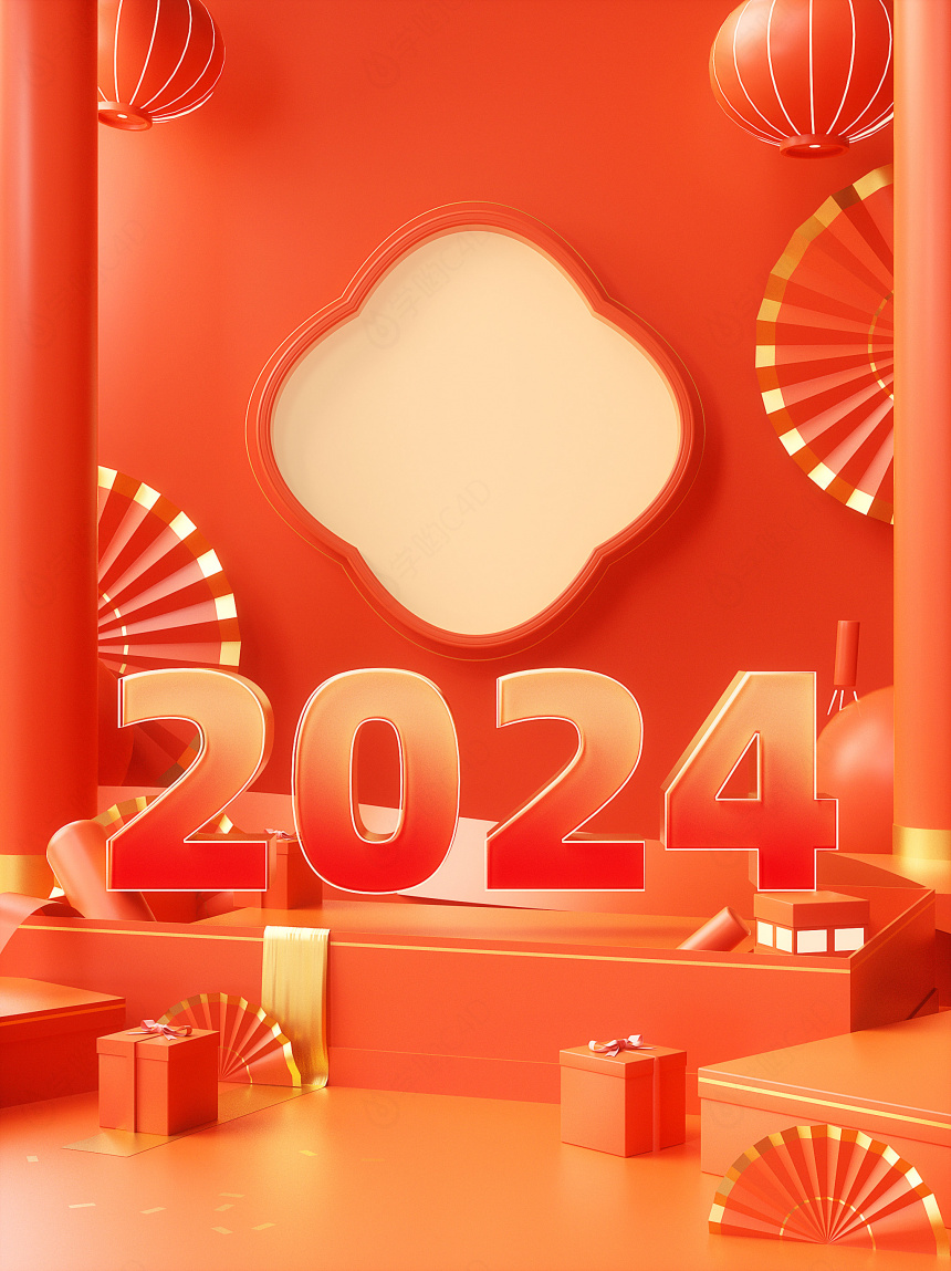 2024新年龙年竖版海报背景展台C4D模型