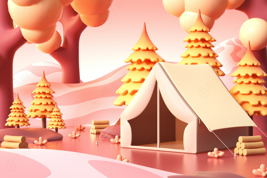 秋季可爱风粉色露营海报背景C4D模型