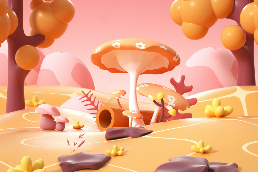 秋季可爱风粉色蘑菇横版海报背景场景C4D模型