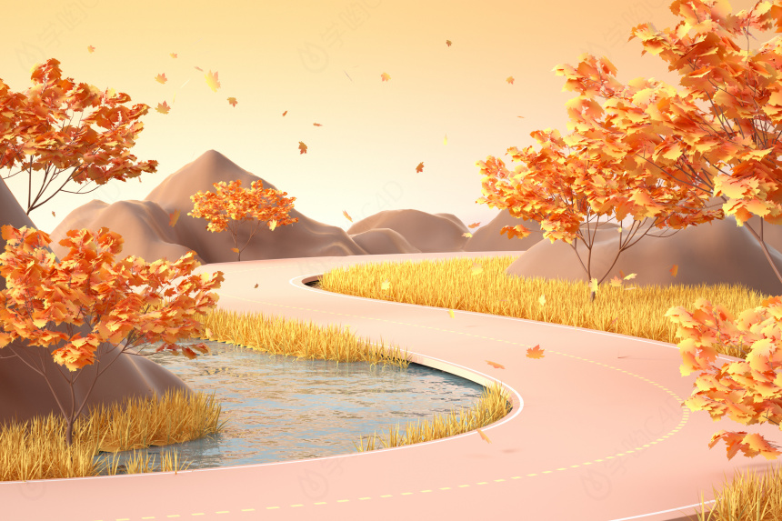 秋季户外森林可爱卡通风海报背景场景枫叶道路C4D模型