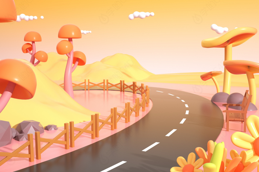 秋季可爱卡通风海报背景场景道路出游C4D模型