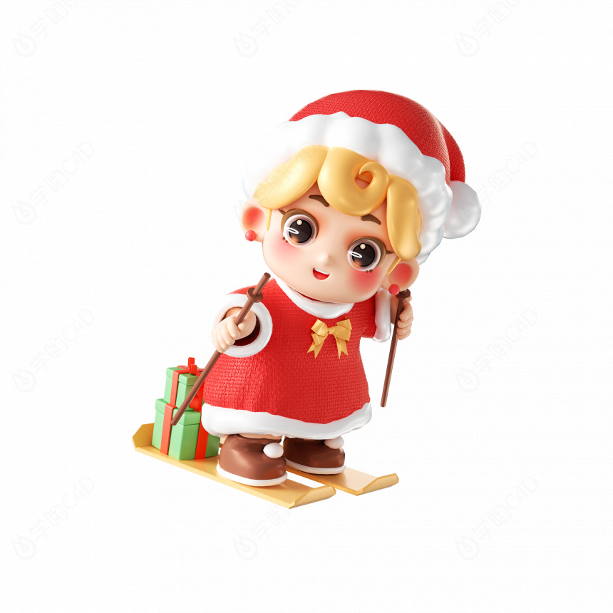 圣诞卡通可爱小男孩人物圣诞节滑雪橇C4D模型