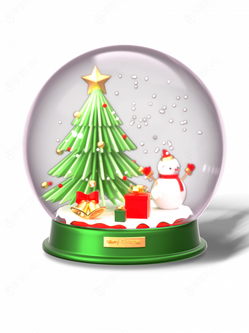 圣诞节卡通可爱雪景下雪水晶球圣诞树雪人C4D模型
