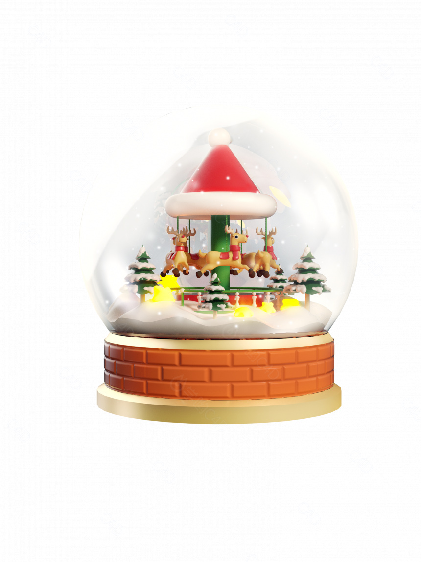 卡通可爱圣诞节水晶球雪景下雪麋鹿圣诞帽C4D模型