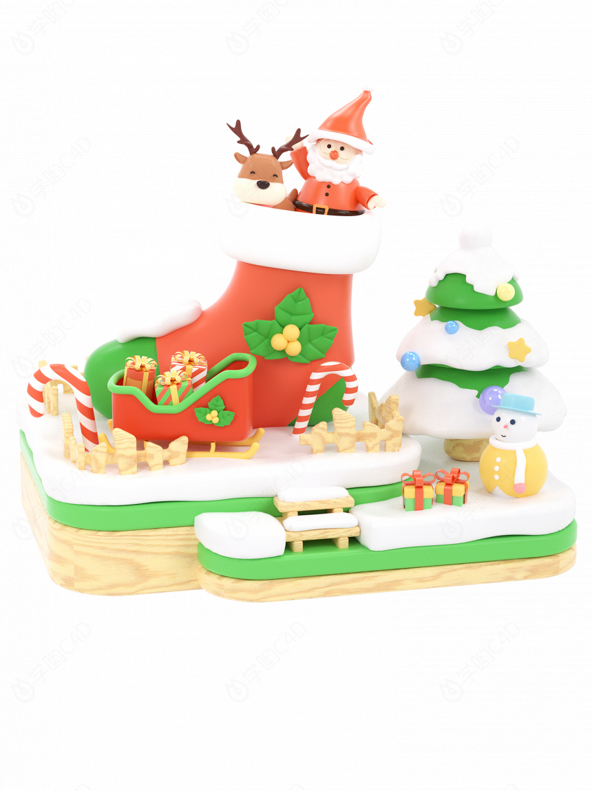 卡通可爱圣诞节氛围圣诞节装饰组件圣诞老人雪人圣诞树C4D模型