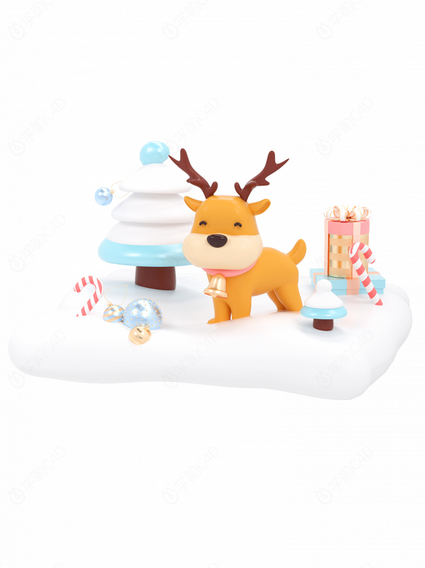 卡通圣诞节可爱驯鹿圣诞氛围圣诞装饰场景C4D模型