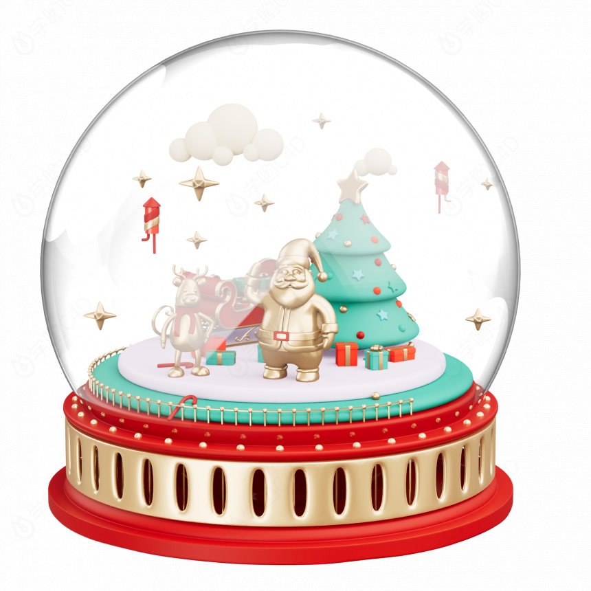 卡通立体圣诞水晶球圣诞节树雪景雪人C4D模型