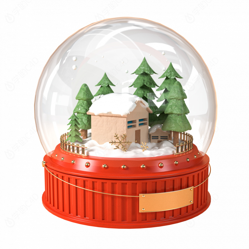 卡通立体圣诞节下雪水晶球雪景C4D模型