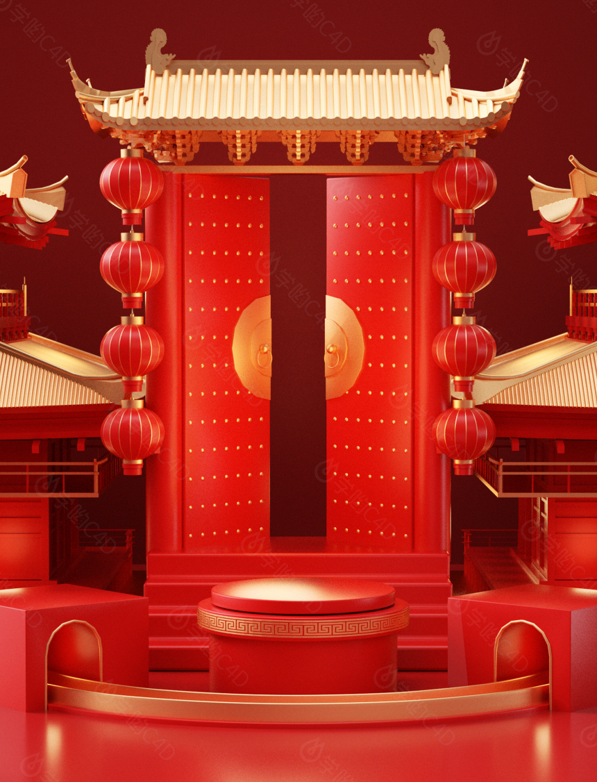 2024龙年春节新年春节喜庆3D红色电商展台背景模型C4D模型