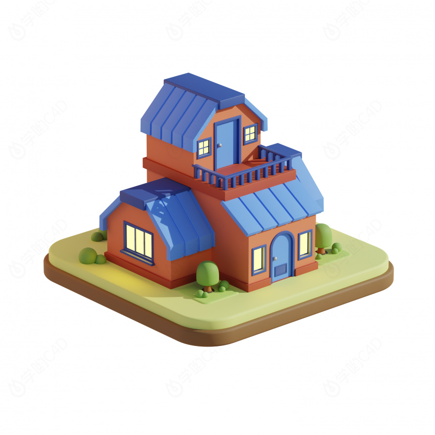 卡通游戏动漫图标两层小别墅蓝房子房屋场景C4D模型