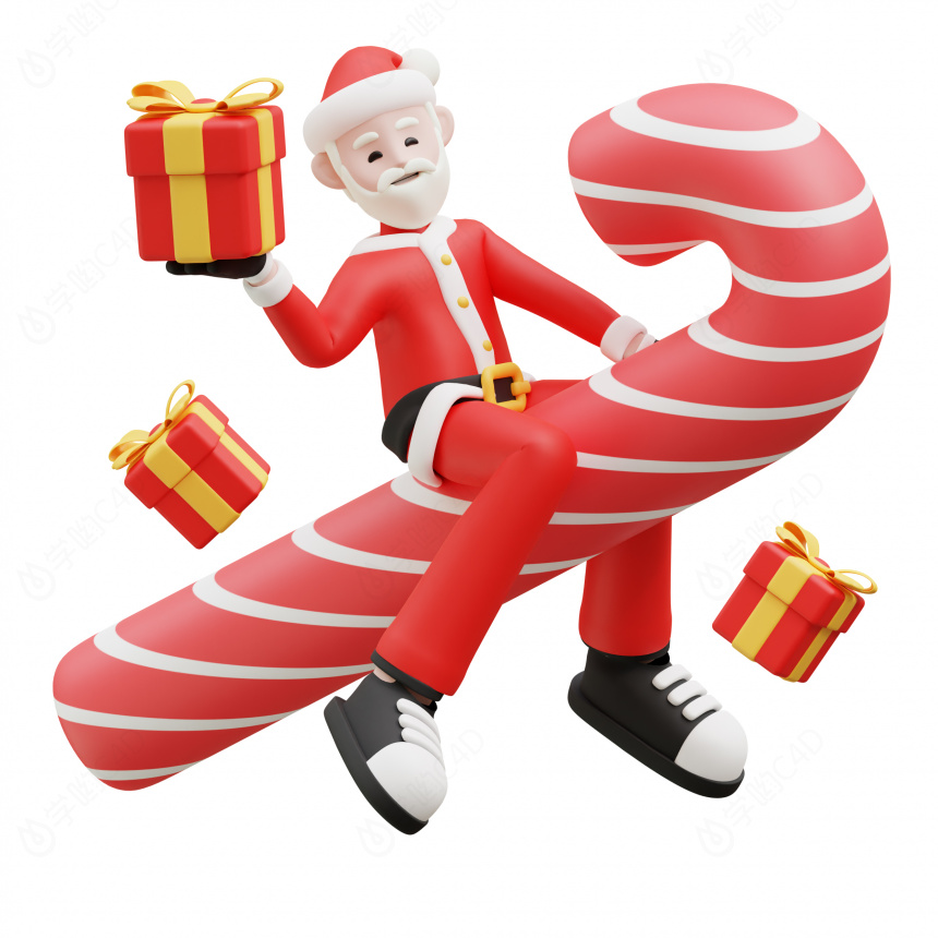 圣诞节开心的圣诞老人骑拐棍糖C4D模型