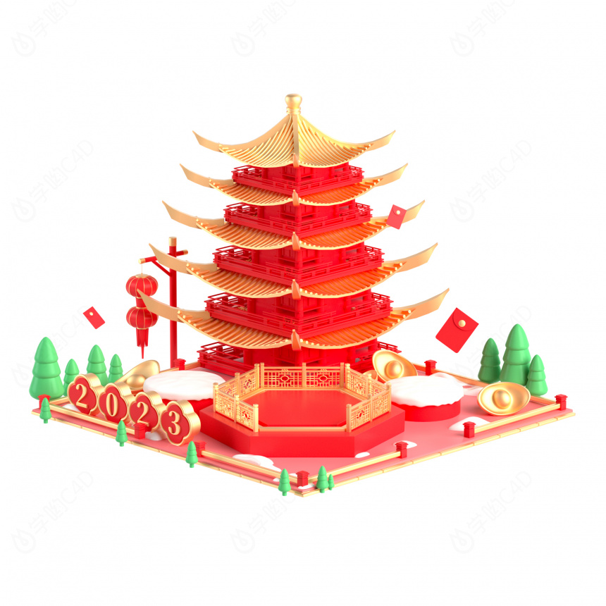 国潮春节中式建筑电商模型素材C4D模型