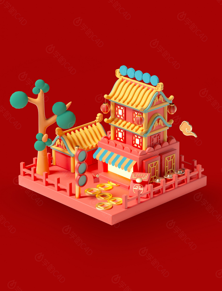 国潮春节卡通中式建筑电商模型素材C4D模型