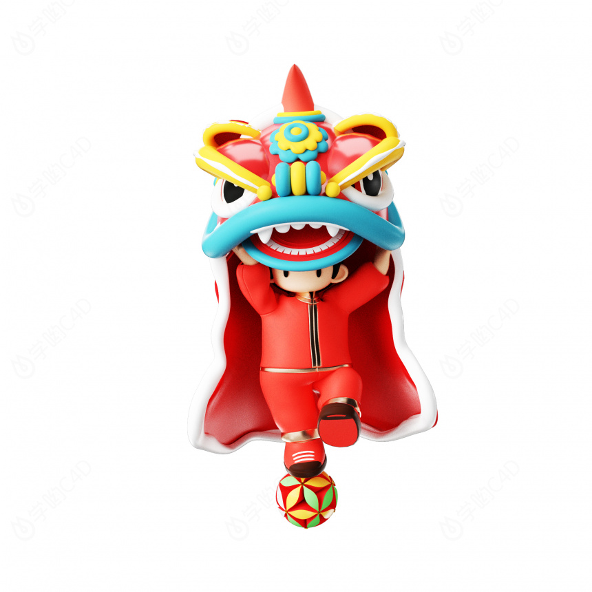 新年喜庆3D红色舞狮人物形象C4D模型