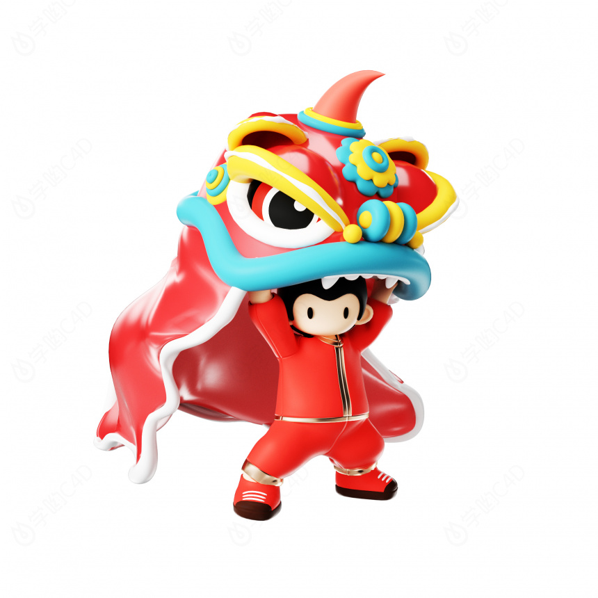 新年喜庆3D红色舞狮人物形象C4D模型