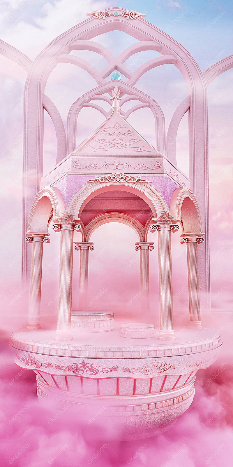 C4D粉红色城堡3D海报女神节七夕节梦幻电商展台C4D模型