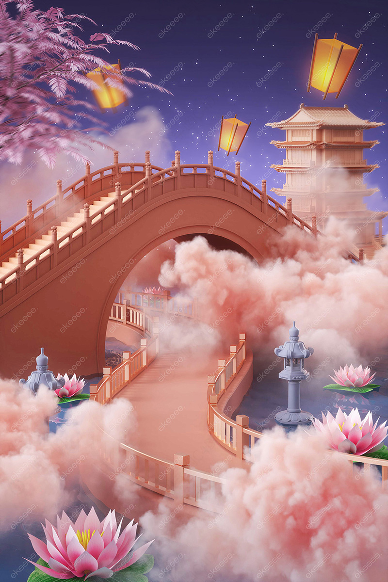 七夕节c4d烟雾鹊桥唯美创意场景粉色3D七夕建筑中国风中式C4D模型