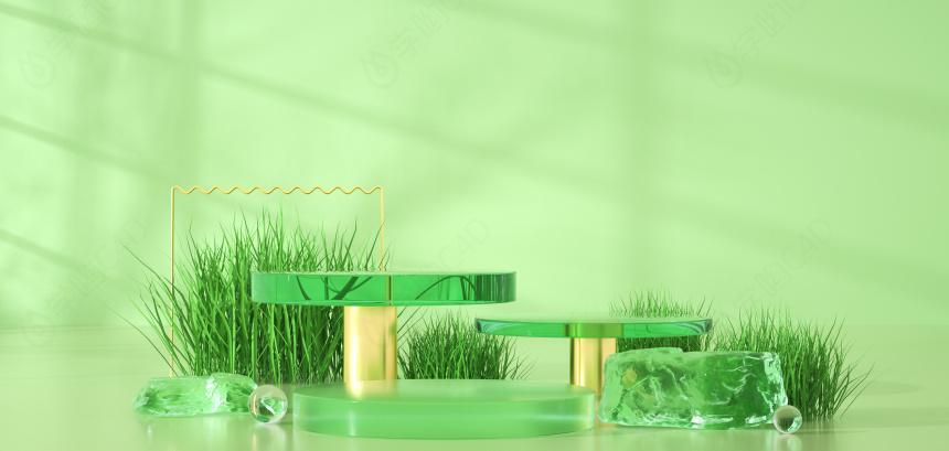玻璃展台绿色背景白模C4D模型