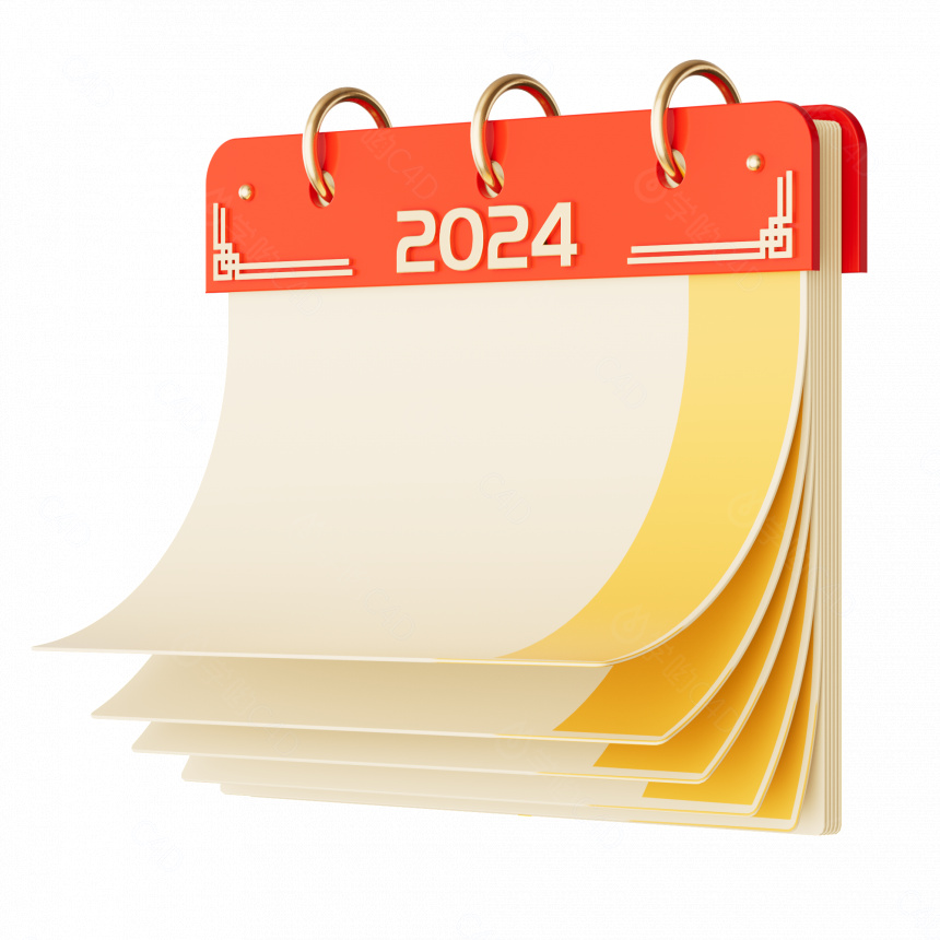立体2024新年跨年日历时间台历（白模）C4D模型