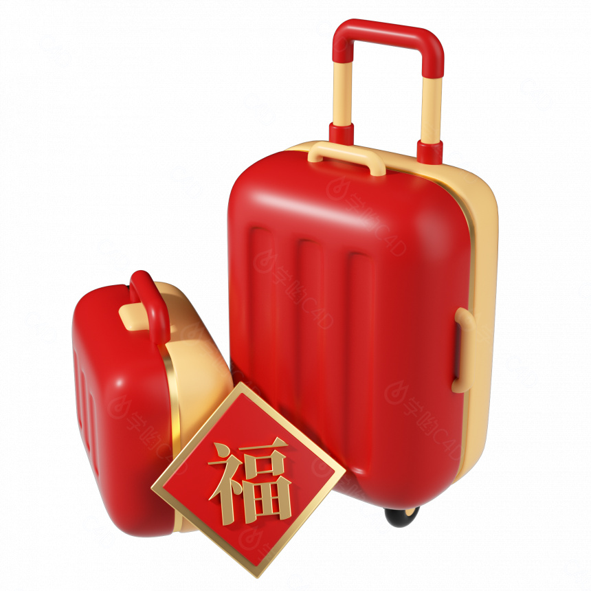 卡通创意过年春运红色行李箱C4D模型