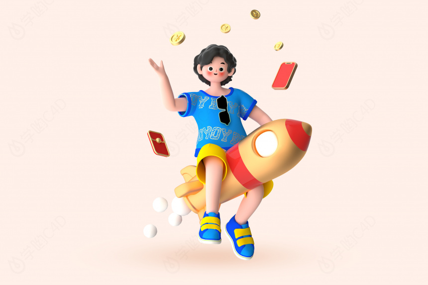 卡通立体电商促销人物小男孩模型型骑火箭插画C4D模型