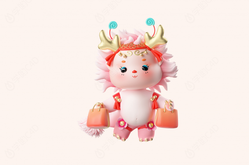 立体龙年吉祥物小龙人卡通龙宝宝粉色小女孩形象购物C4D模型