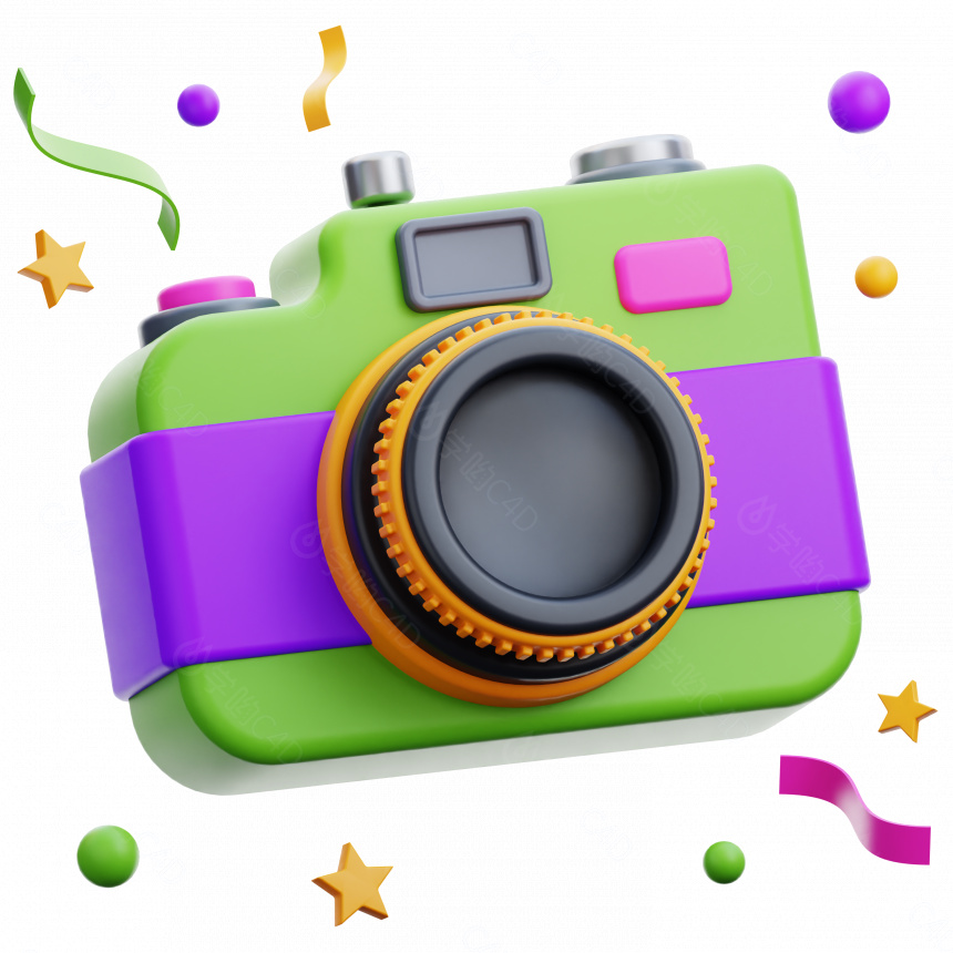 卡通新年庆祝紫色系图标照相机拍照C4D模型
