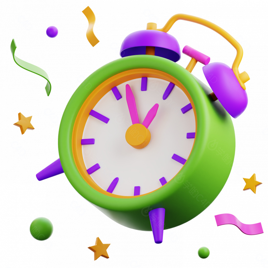卡通新年庆祝紫色系图标时间闹钟C4D模型