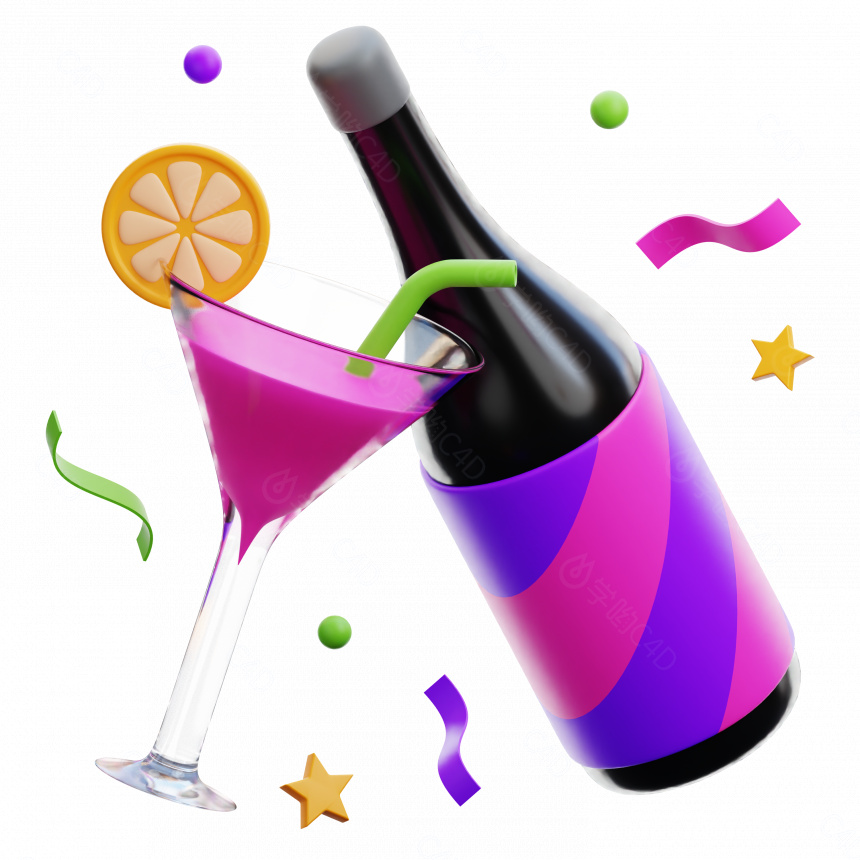 卡通新年庆祝紫色系图标红酒香槟C4D模型