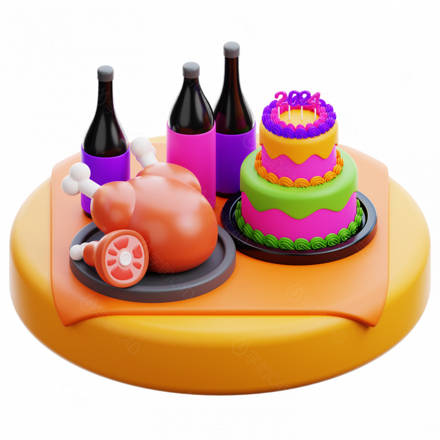 卡通节日庆祝图标丰盛晚餐蛋糕烤鸡C4D模型