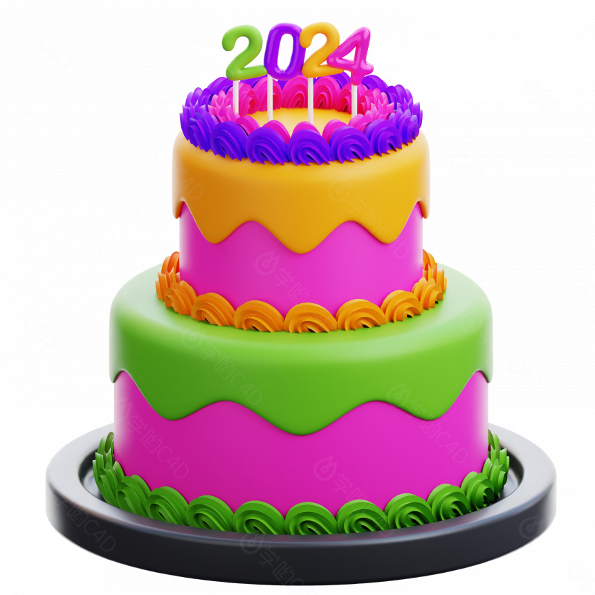 卡通新年庆祝节日氛围图标2024新年蛋糕C4D模型