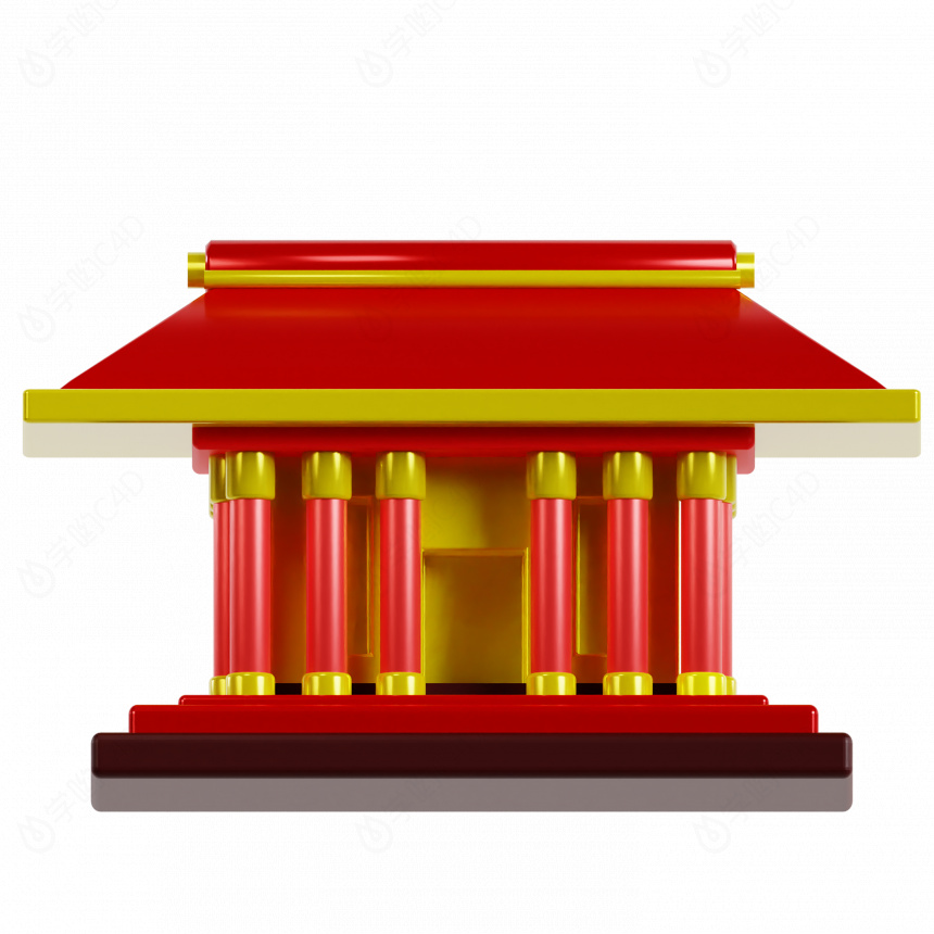 春节喜庆红色新年卡通图标积木宫殿C4D模型