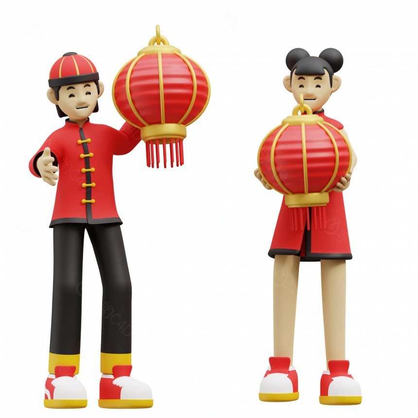 卡通新年节日人物插图大红灯笼C4D模型