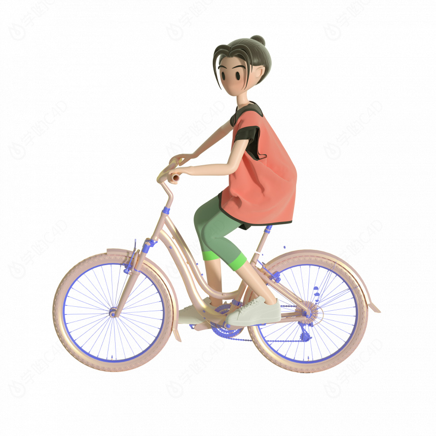 立体运动人物骑自行车女孩C4D模型