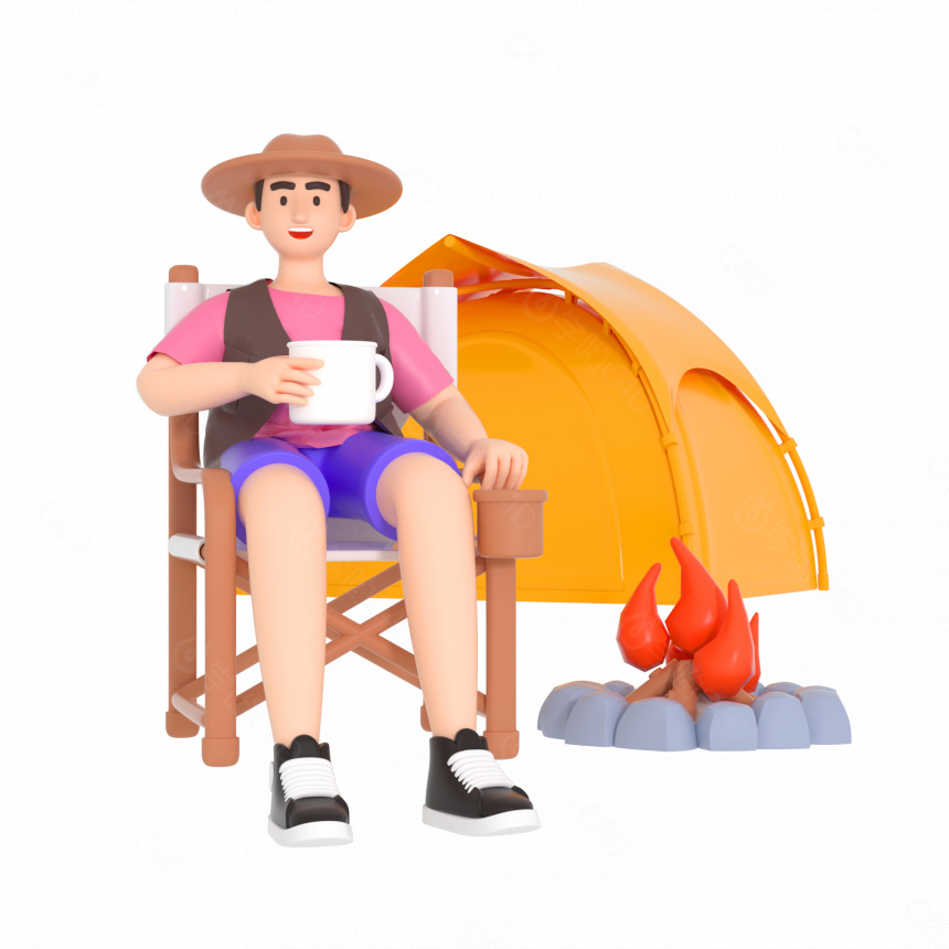 立体喝茶人物露营旅游C4D模型