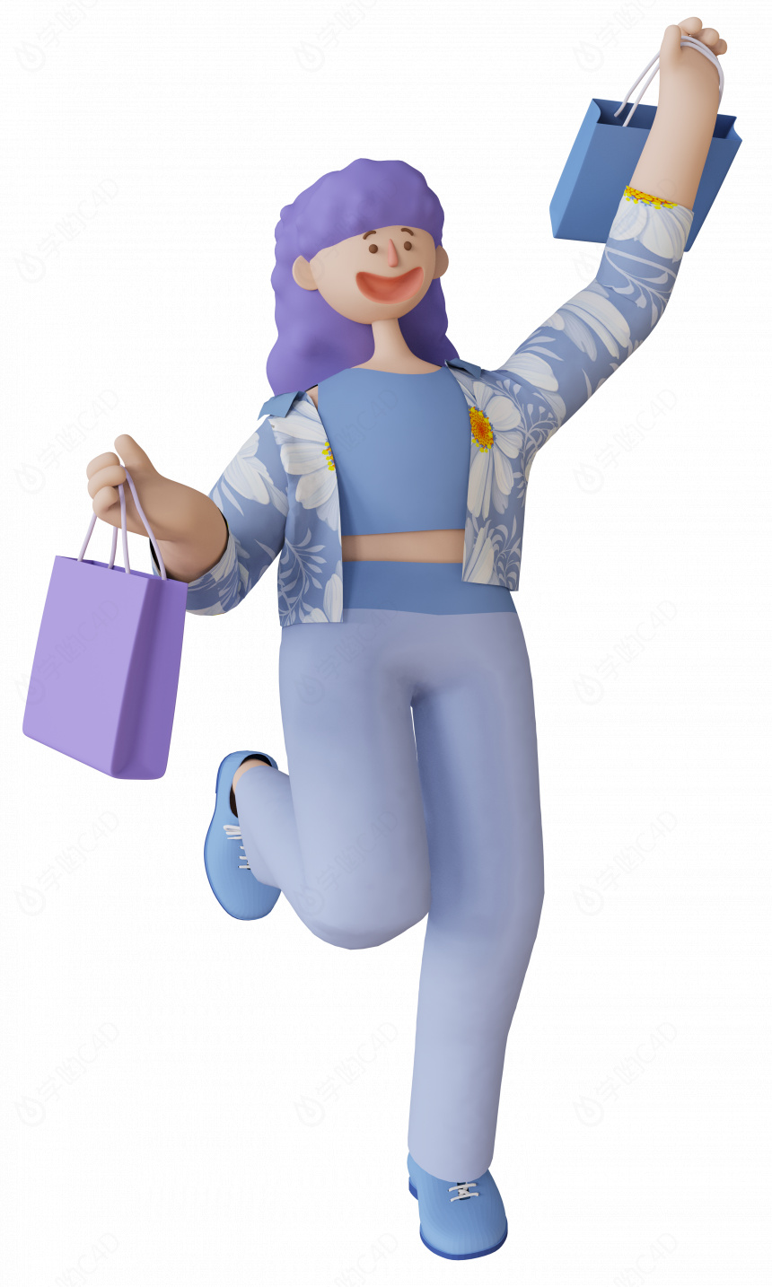 立体穿着碎花外套购物的女生C4D模型
