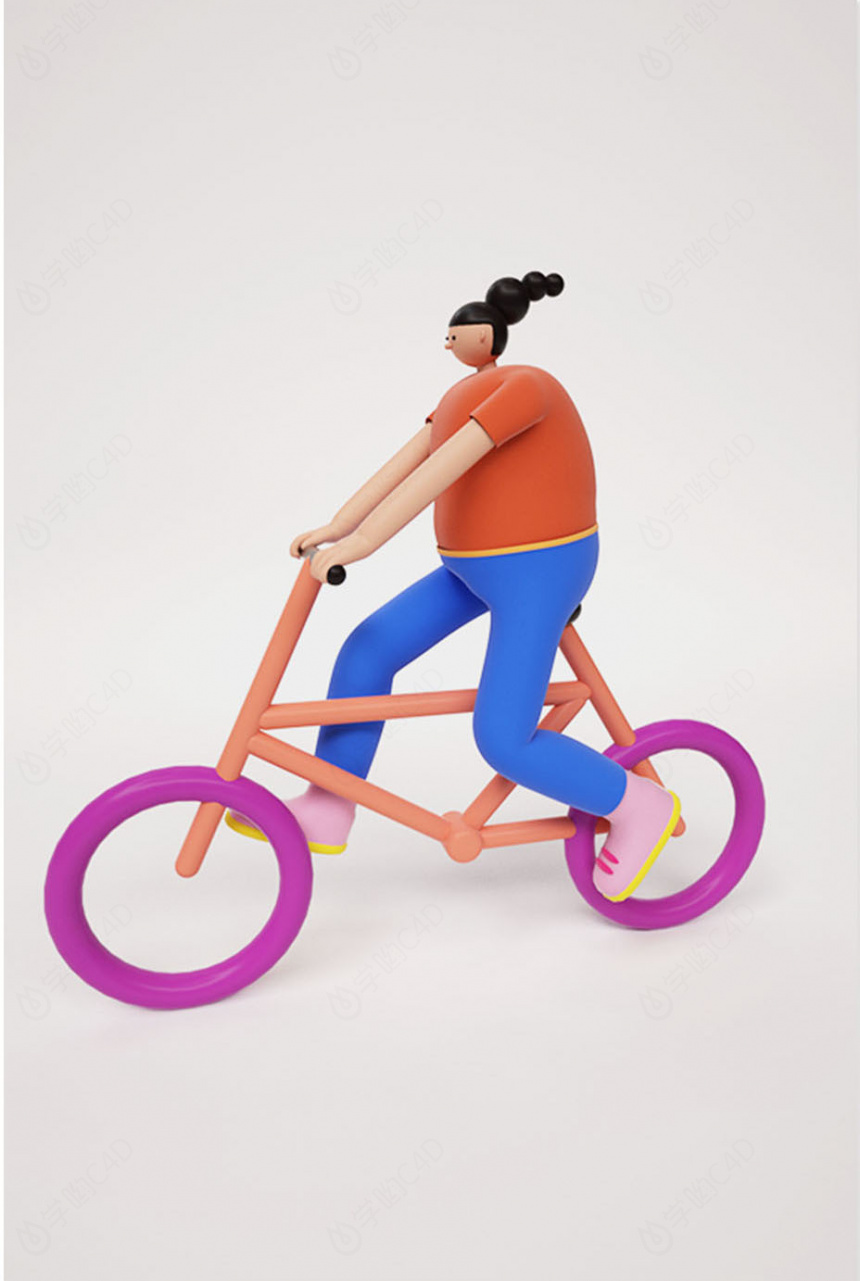 立体个性定制卡通简约风女性骑行人物C4D模型