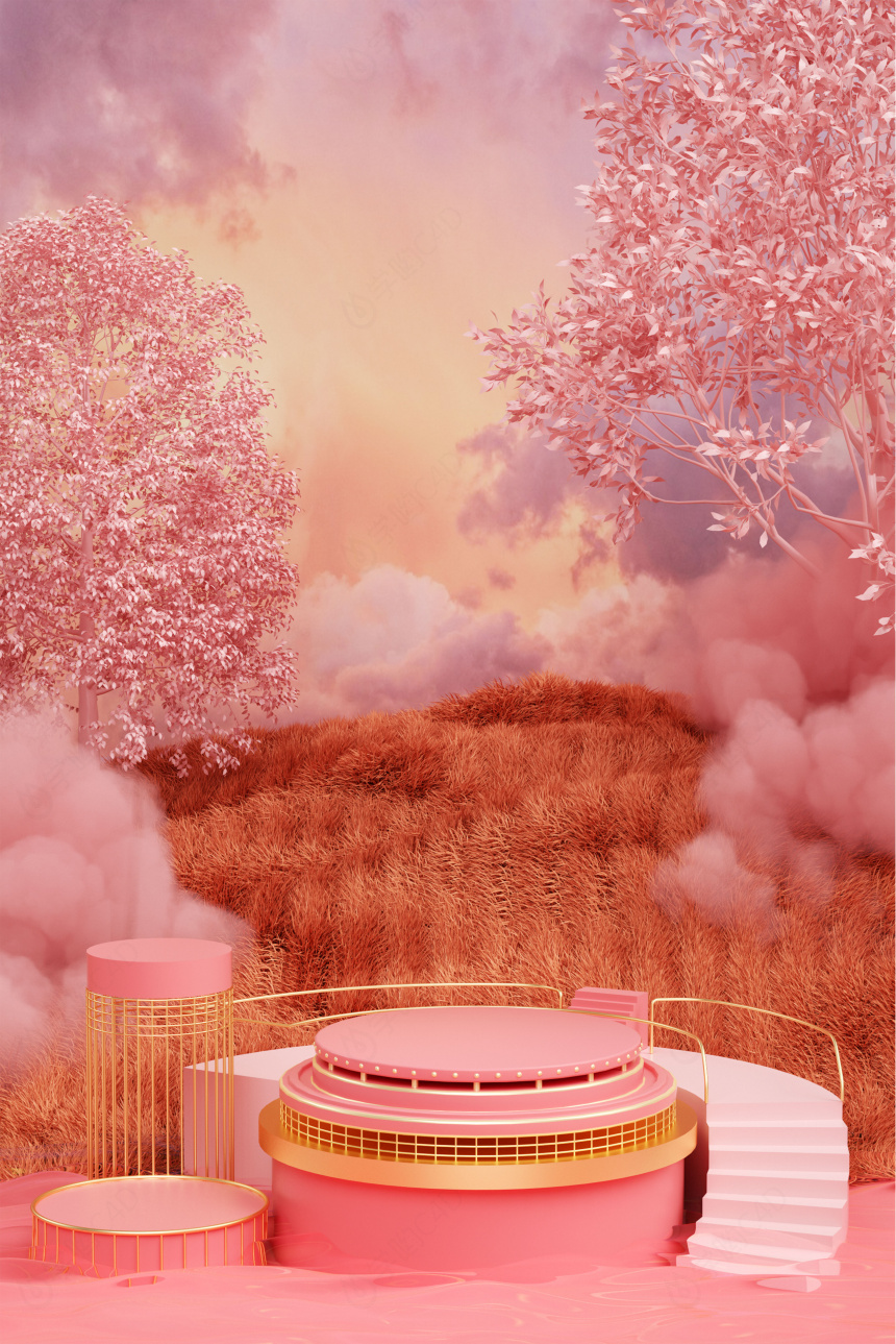 立体38妇女节圆形粉色写实电商展台C4D模型