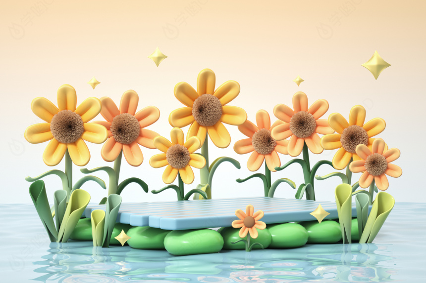 立体卡通水面向日葵场景C4D模型