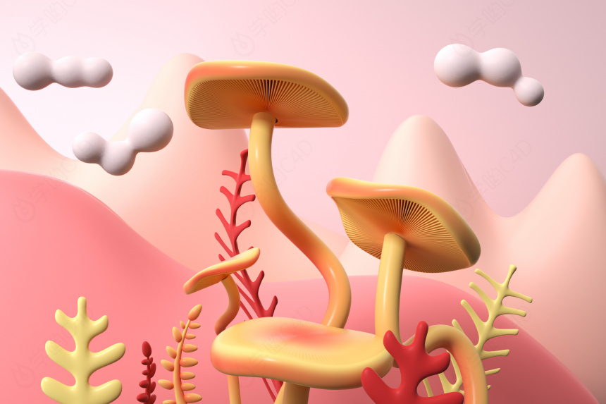 立体秋季植物蘑菇背景C4D模型