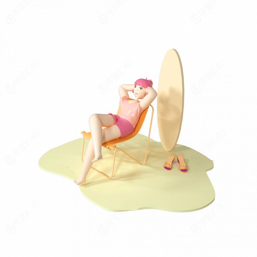 立体夏天沙滩椅子女孩C4D模型