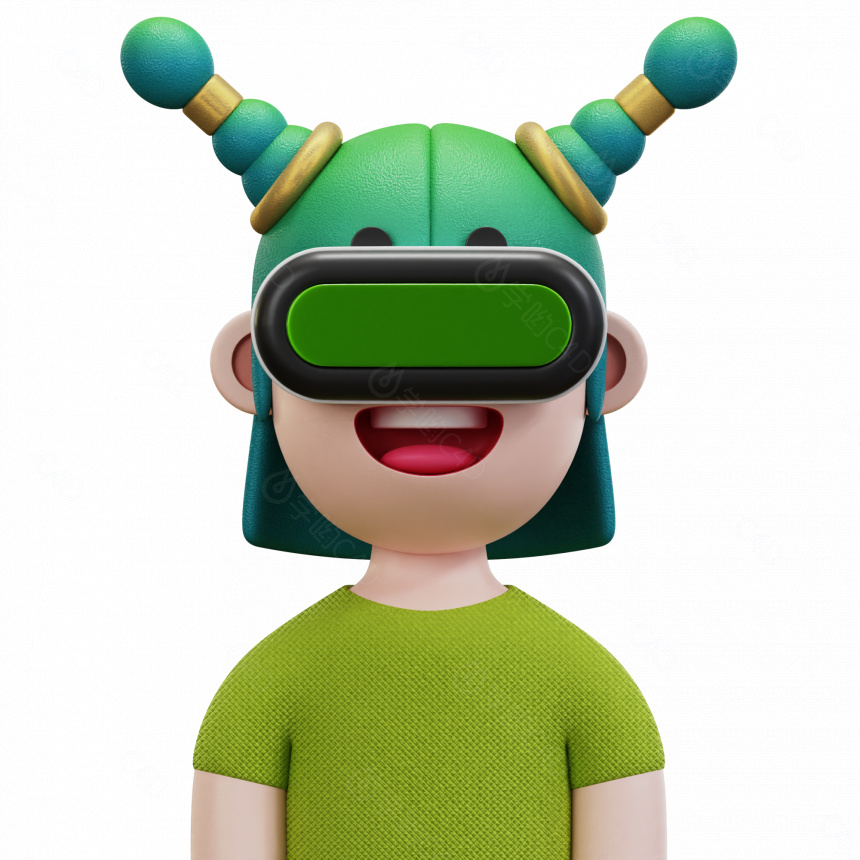 立体卡通人物戴游戏眼镜头盔绿衣服大笑女孩头像C4D模型