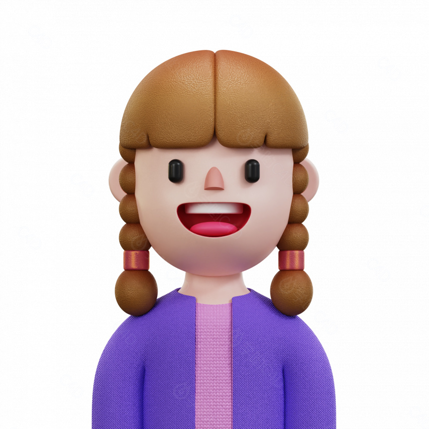 立体卡通人物麻花辫紫色衣服大笑女孩头像C4D模型