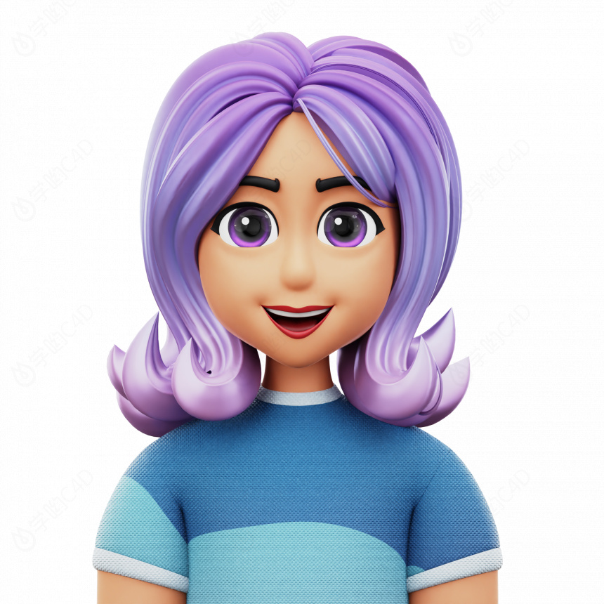 立体卡通人物紫色卷发紫眼睛绿衣服微笑女孩头像C4D模型