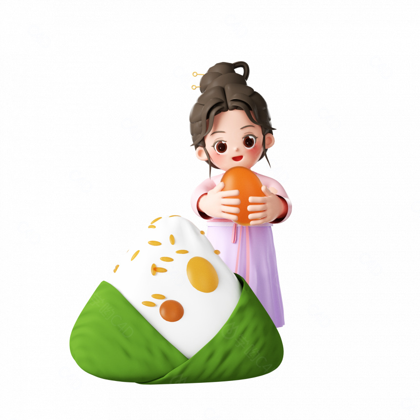 立体古装女孩端午节吃粽子C4D模型