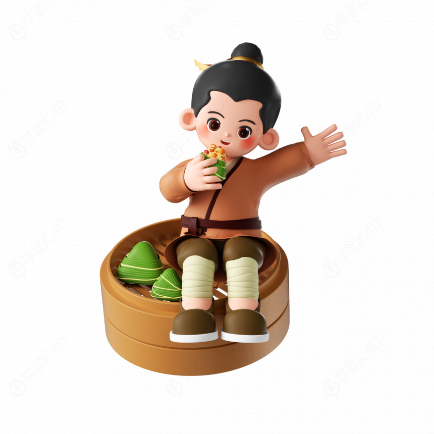 立体卡通端午节古风男孩吃粽子C4D模型