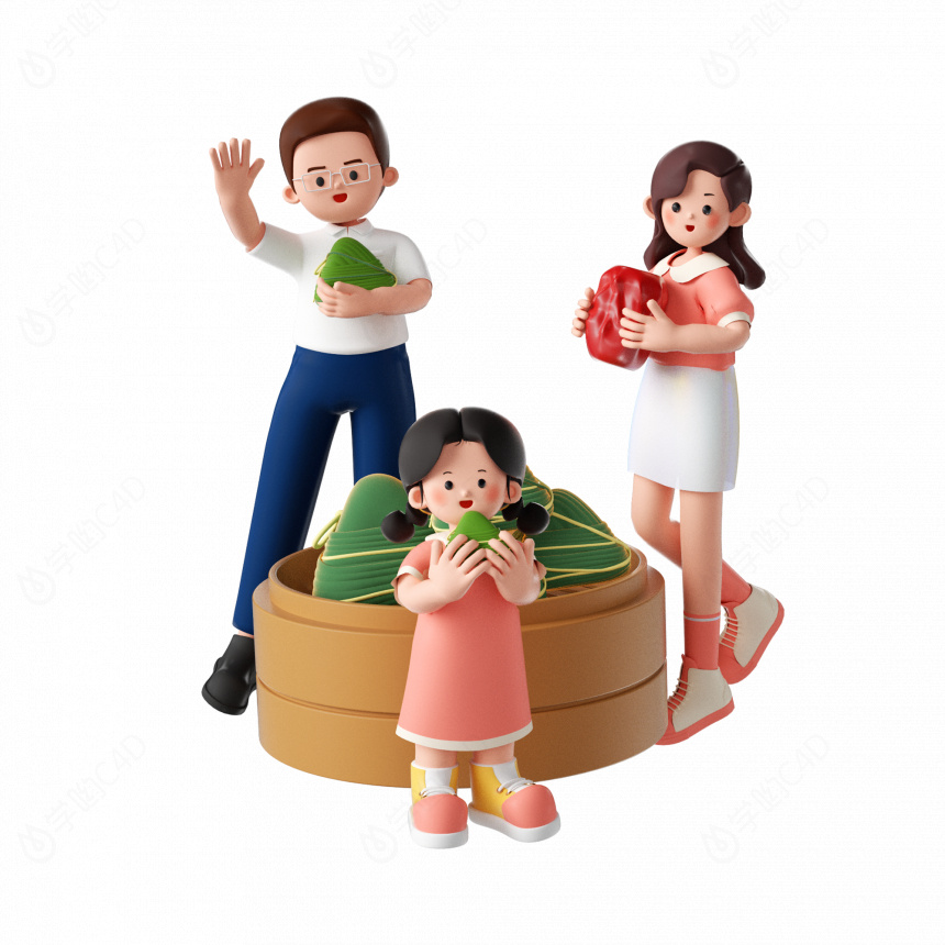 立体卡通一家人端午节吃粽子C4D模型